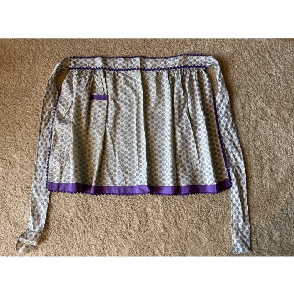 Vintage Purple Floral Half Apron Rick Rack Trim Pocket Handmade Retro Kitchen